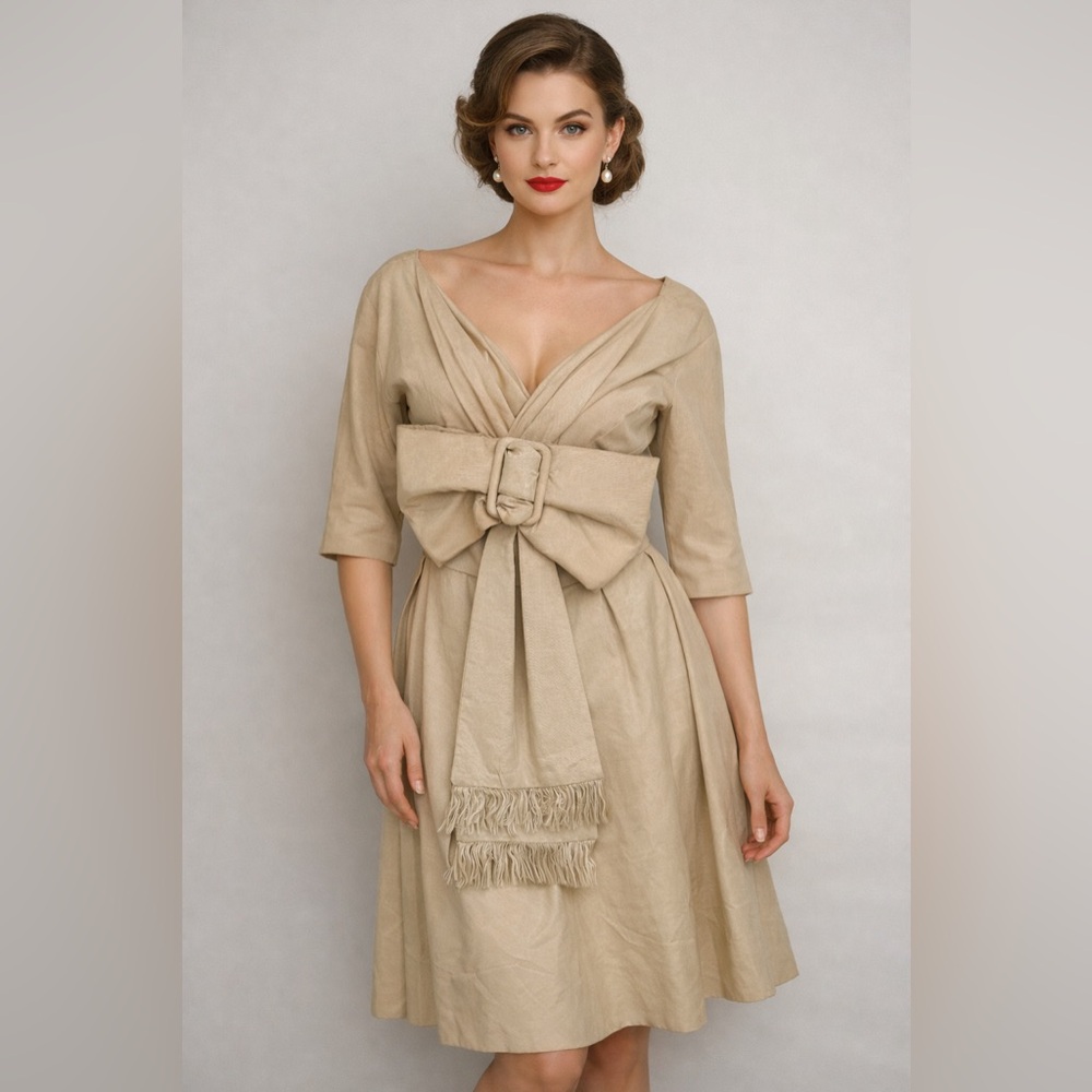 Suzy Perette New York Vintage 50s-60s Ivory Bow Belt Fringe Cocktail Dress Small
